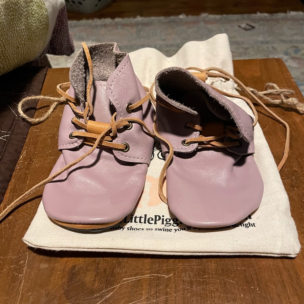 Handcrafted purple leather baby moccasins